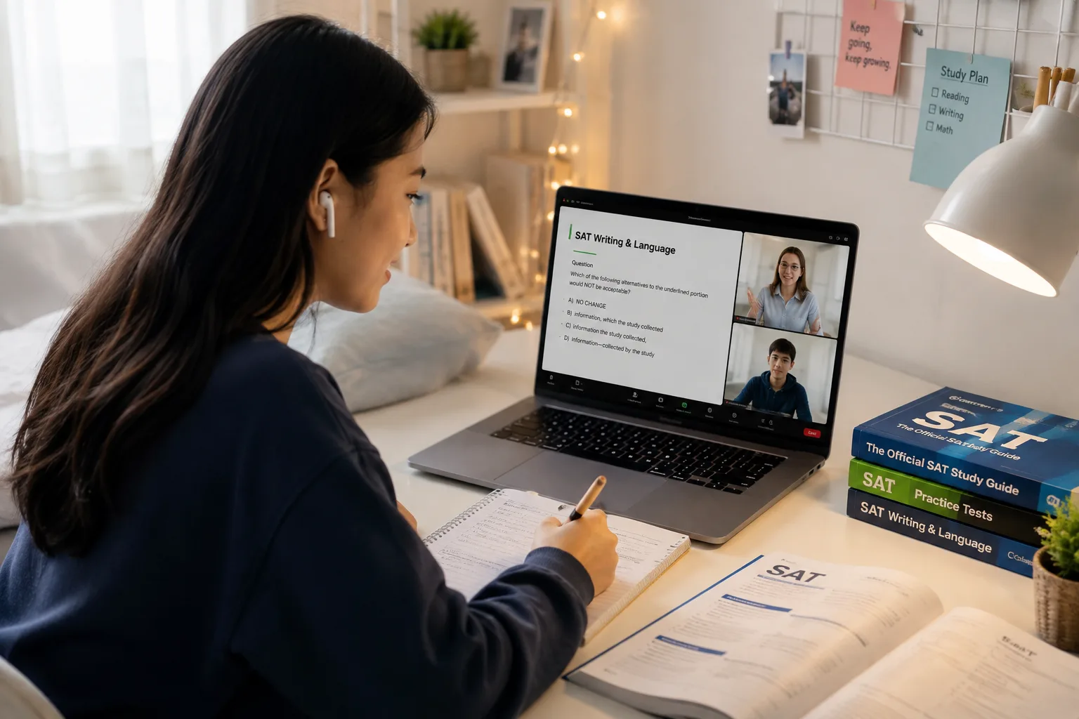 A student attending an online SAT Writing and Language class, with a teacher shown in a video panel and official SAT books beside her.