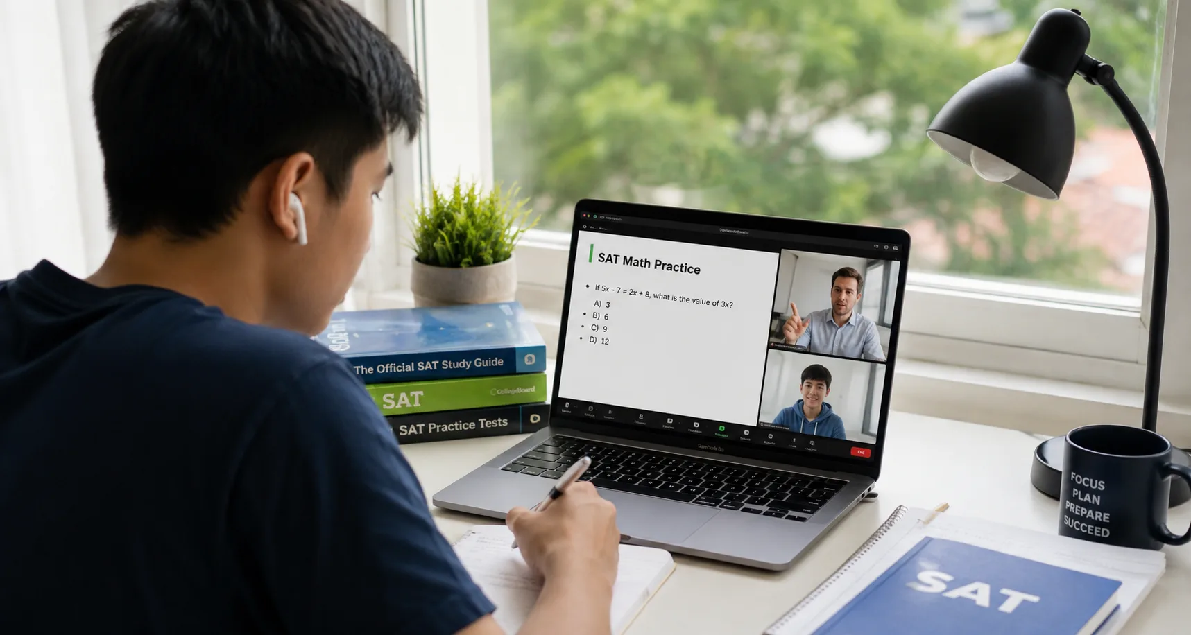 A student attending an online SAT Math Practice class, with a teacher shown in a video panel and SAT prep books beside the laptop.